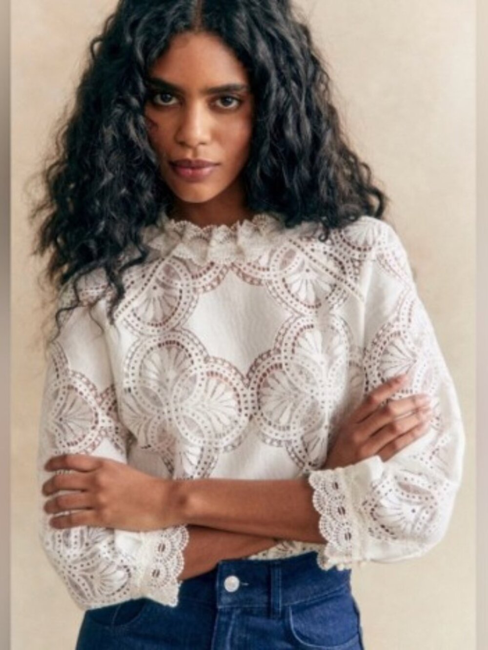 Sezane Bianca Lace-Overlay Long Sleeve Blouse 36 / 4